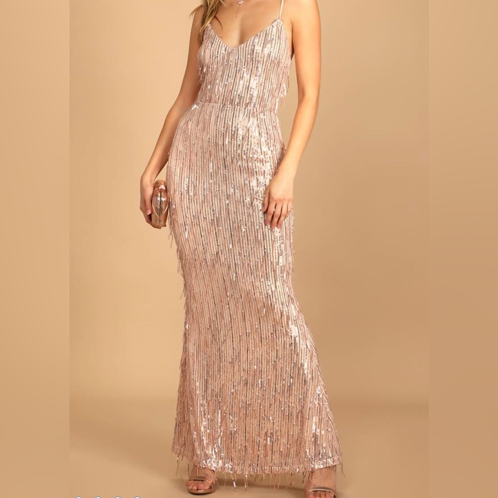 New with tags - Rose Gold Sequin Fringe Lace-Up Maxi Dress